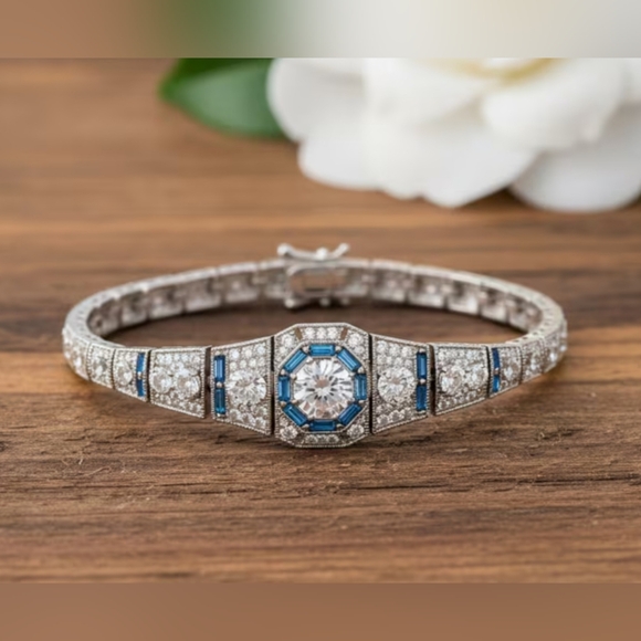 Vintage-Inspired Silver Clear Round & Circle Baguette Cubic Zirconia Bracelet